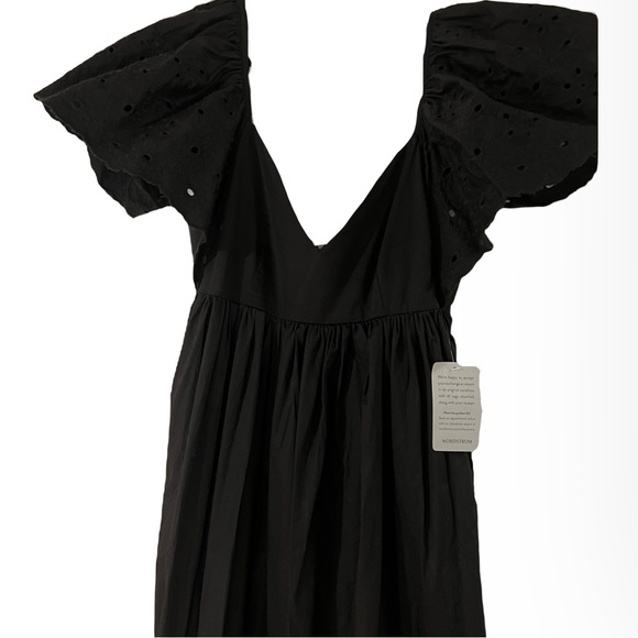 NWT En Saison Eyelet Detail Flutter Sleeve Poplin Maxi Dress Nordstrom Black NWT - Picture 6 of 7